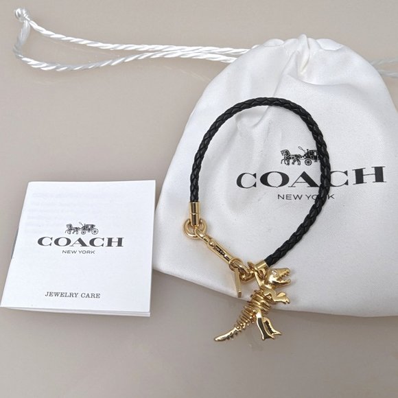 Coach BRAIDED CHARM FRIENDSHIP BRACELET Leather Rexy Dinosaur Gold Black 67043 - Picture 4 of 7